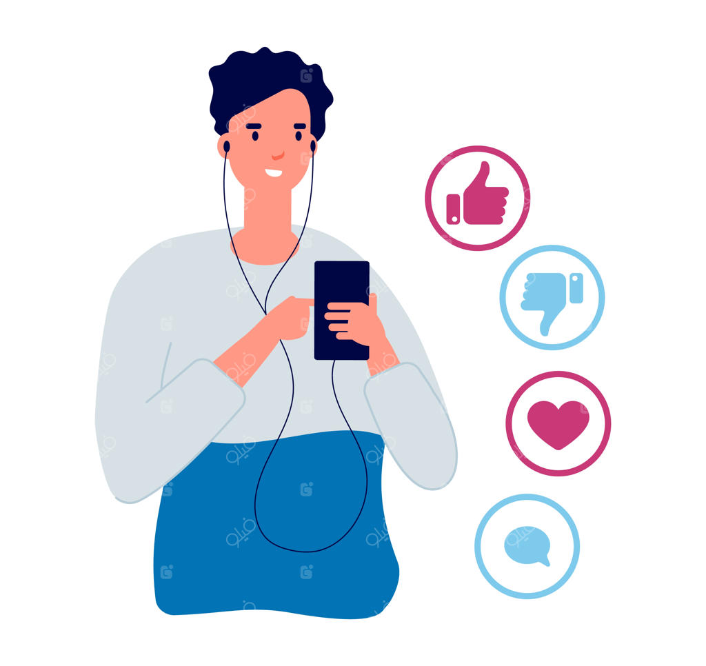 اقدامات شبکه اجتماعی: لایک، دیسلایک، اشتراک‌گذاری یا کامنت برای پسری که موسیقی، کتاب صوتی یا پادکست گوش می‌دهد و درباره واکنش‌ها تفکر می‌کند