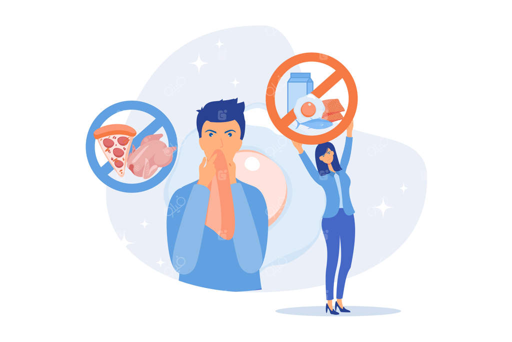 علائم آلرژی غذایی به محصولات مانند ماهی، شیر و تخم‌مرغ در یک مرد