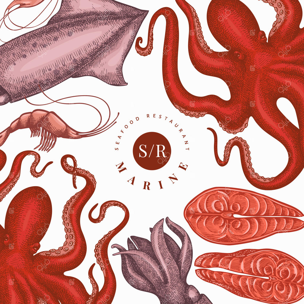 قالب طراحی غذاهای دریایی: تصویرسازی غذاهای دریایی با دست. سبک حکاکی شده. پس‌زمینه‌ای با حیوانات دریایی کلاسیک.