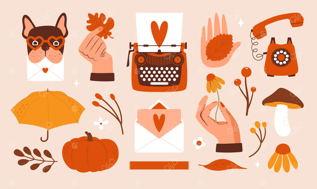 مجموعه نشان‌های پاییزی دست‌ساز و استیکرهای بامزه و دنج با تصویرگری ماشین تحریر