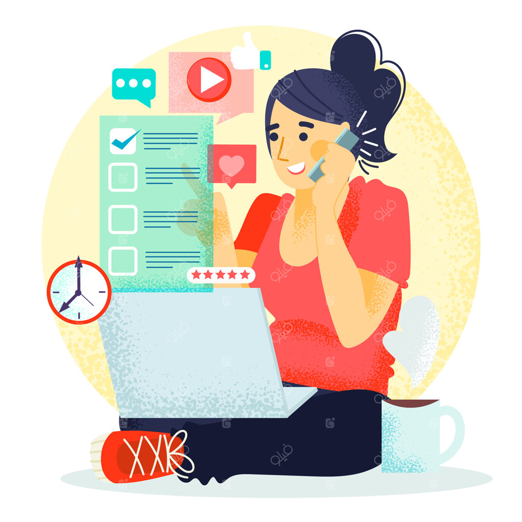 زنی در حال کار با لپ‌تاپ و صحبت با تلفن