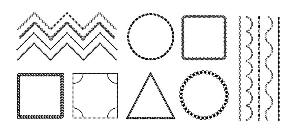 زنجیرهای فلزی مشکی: قاب‌های زینتی گردنبند با عناصر تزیینی و شکل‌های هندسی متقاطع مجموعه‌ای از لینک‌های زنجیری زیبا و قالب‌های طناب درهم‌تنیده