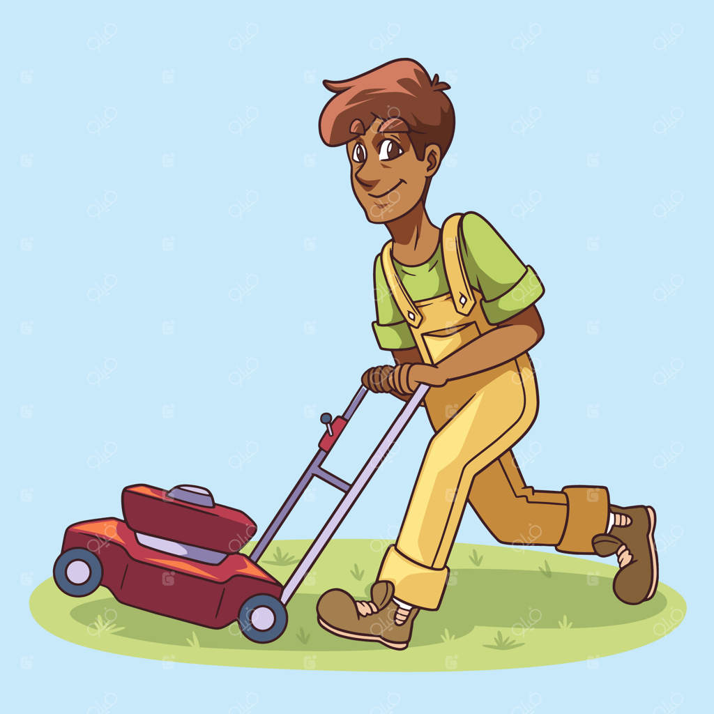 تصویر کارتونی طراحی دستی باغبان با ماشین چمن‌زن