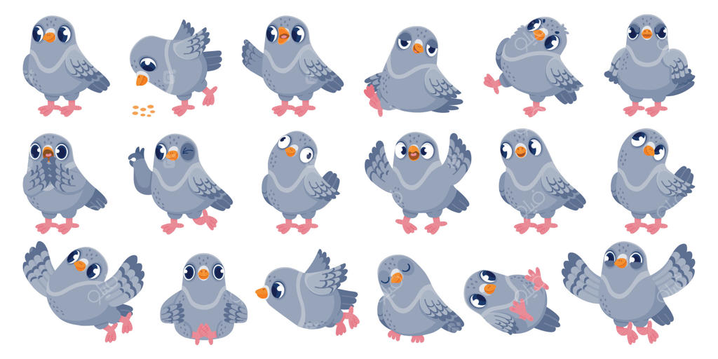 کبوتر کارتونی: شخصیت پرنده بامزه با احساسات مختلف در ژست‌های گوناگون، تصویر کلیپ آرت نماد کمیک. مجموعه‌ای از کبوتر وکتور در حال پرواز