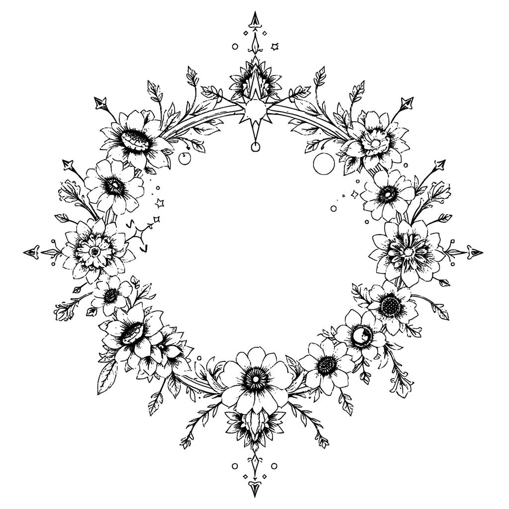 تصویر ماندالا گلدار پیچیده سیاه و سفید با جزئیات فلش‌های تزئینی، ستاره‌ها و گل‌های ظریف در یک چینش دایره‌ای.