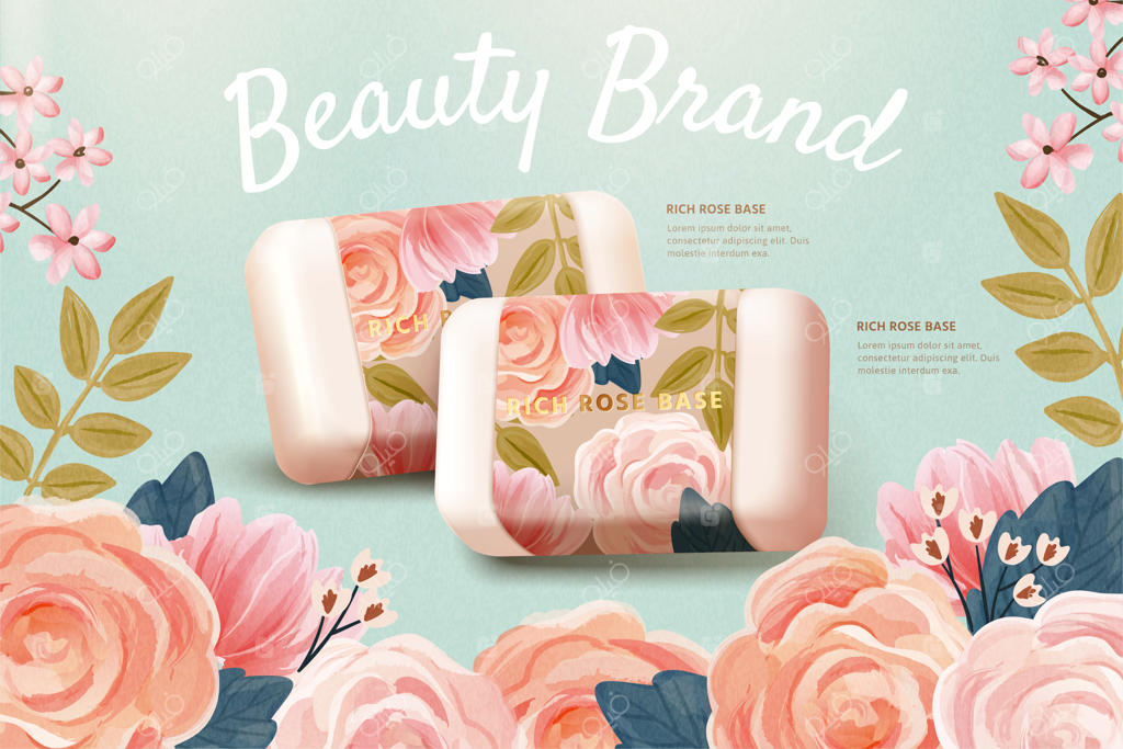 قالب تبلیغ افقی محصولات آرایشی با ترکیب ماکت واقعی صابون گل رز