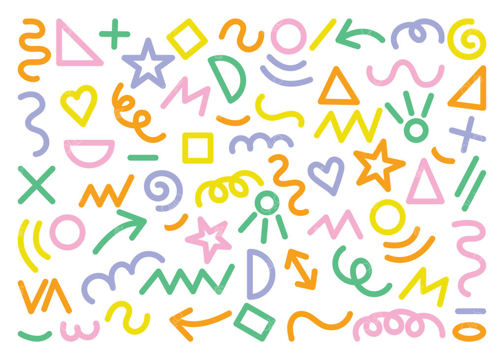 مجموعه‌ شکل‌های ساده مدرن شامل ستاره، پیکان، مثلث، دایره، قلب، زیگزاگ، مارپیچ و خطوط موج‌دار. طرح مد روز ممفیس با سبک جذاب و انتزاعی دهه‌های ۸۰ و ۹۰ میلادی