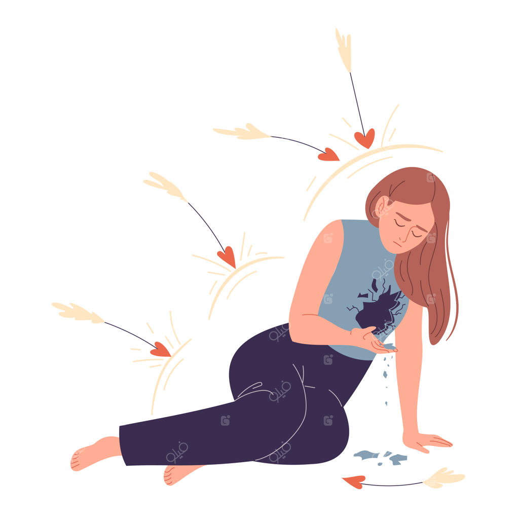 دختری با قلب شکسته افتاده و در حال رنج است.