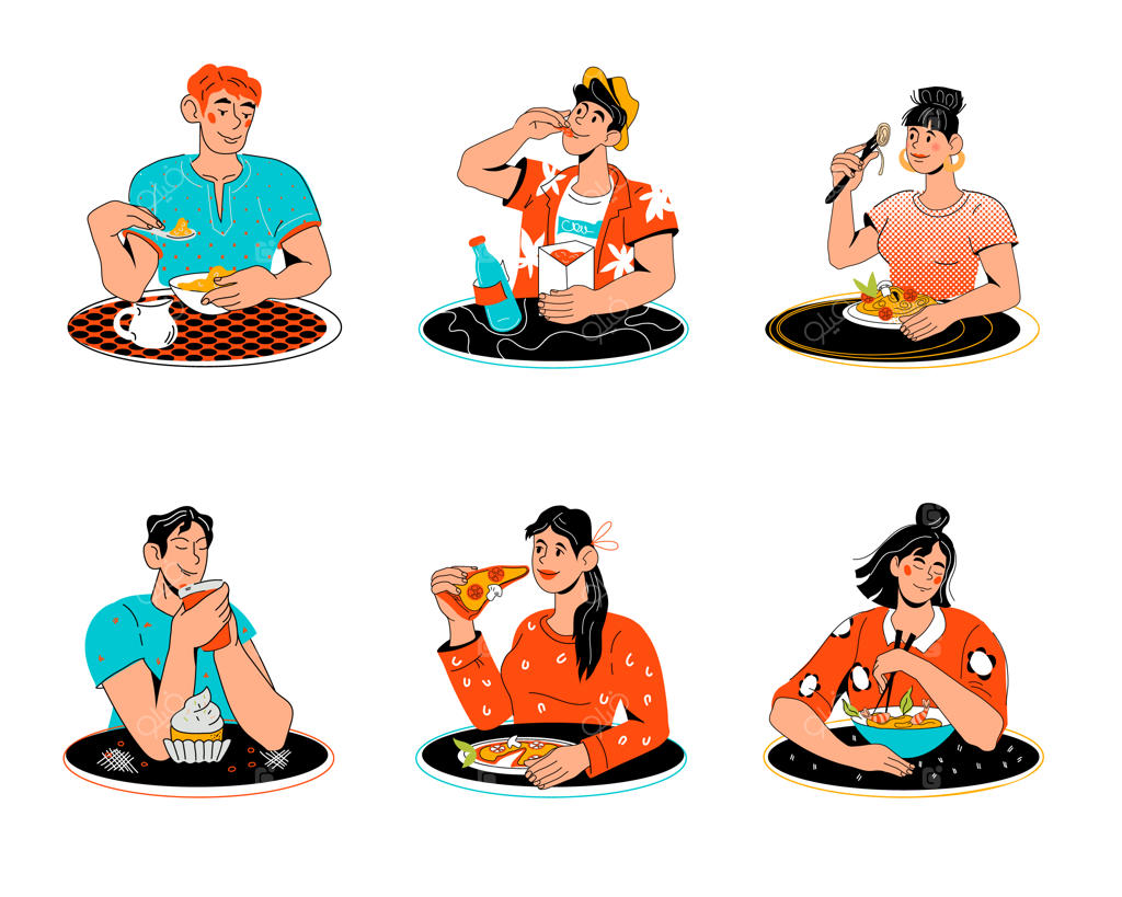 مجموعه‌ای از مردان و زنان در حال خوردن غذاهای متنوع - تصویر کارتونی