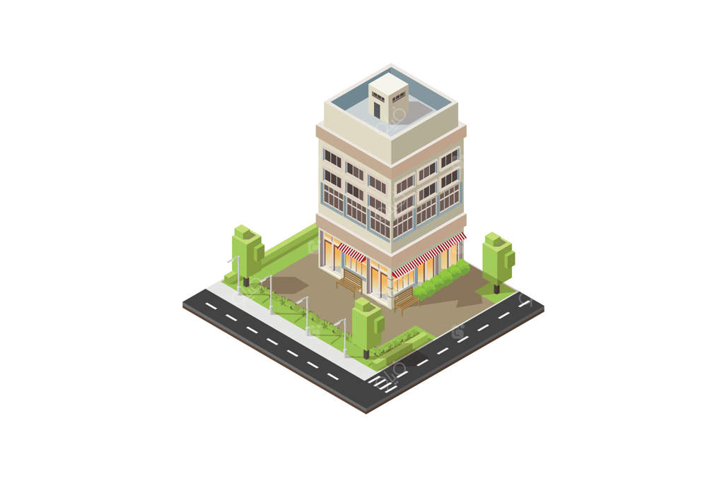 ساختمان هتل مدرن با باغ زیبا در کنار جاده، به سبک ایزومتریک؛ مناسب برای نمودارها، بازی‌ها و دیگر کاربردها