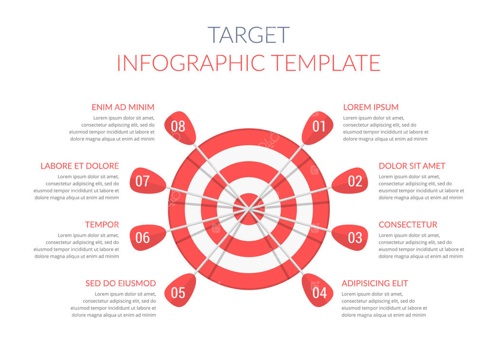 هدف با ۸ پیکان دارای اعداد و متن، قالب اینفوگرافیک، تصویرسازی برداری EPS10