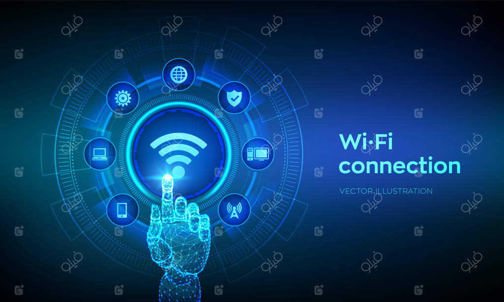 مفهوم اینترنت با تکنولوژی سیگنال شبکه وای‌فای رایگان و دست رباتیک در حال لمس رابط دیجیتال