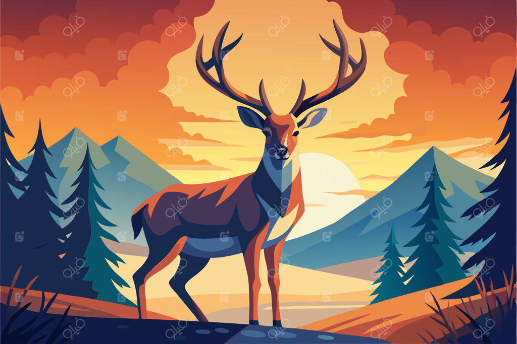 گوزنی در مقابل کوه و غروب آفتاب ایستاده است