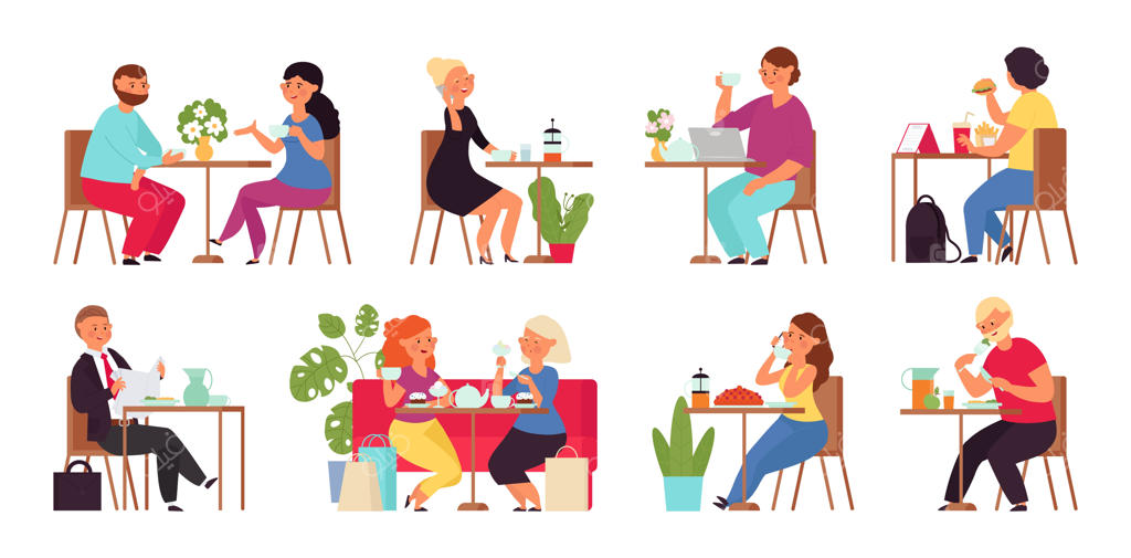 افراد کارتونی در کافه: گروهی دوست در حال خرید، زنی با لپ‌تاپ، زوجی که قهوه می‌نوشند و کار در زمان ناهار - صحنه‌های وکتوری زیبا