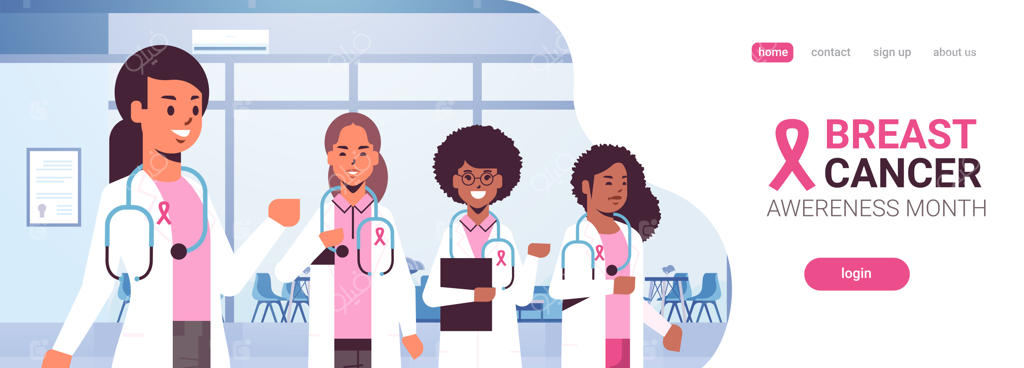 روز سرطان سینه: پزشکان با روپوش‌های مزین به روبان صورتی، تیم همکاران بیمارستانی از نژادهای مختلف، آگاهی و پیشگیری از بیماری