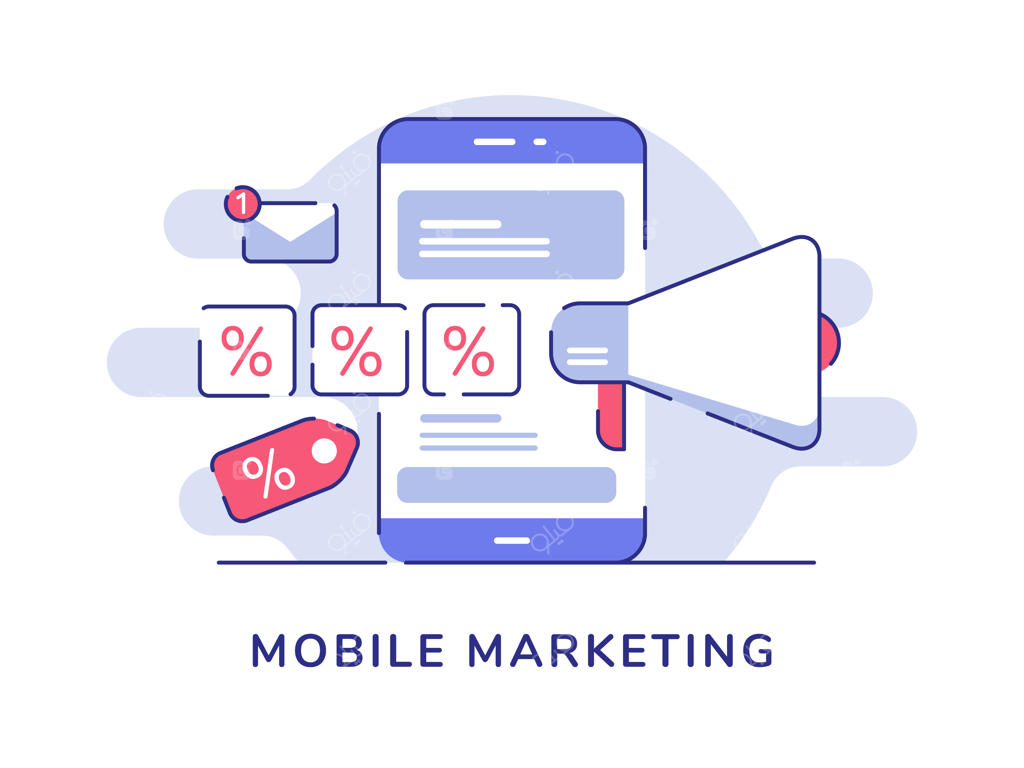 مفهوم بازاریابی موبایل: حراج با درصد تخفیف روی صفحه‌نمایش گوشی هوشمند با سبک ساده و خطی