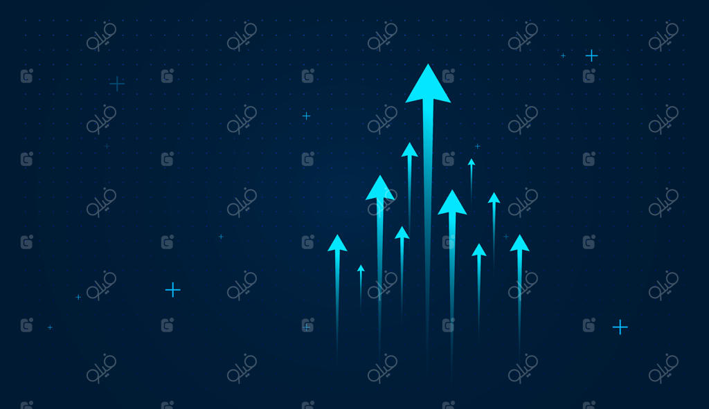 گروهی از فلش‌های آبی روشن فلش‌ها به شکلی پویا و مورب چیده شده‌اند تا روند صعودی قدرتمند یا موفقیتی چشمگیر را نشان دهند