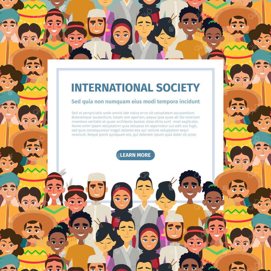 جامعه بین‌المللی با مردمان مختلف از فرهنگ‌های گوناگون، زن و مرد.