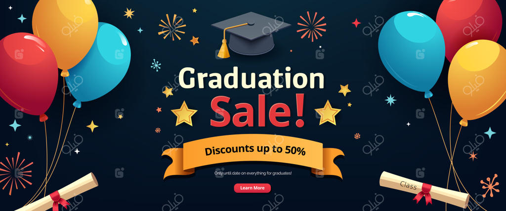 بنر حراج فارغ‌التحصیلی با بادکنک و کلاه دانش‌آموختگی