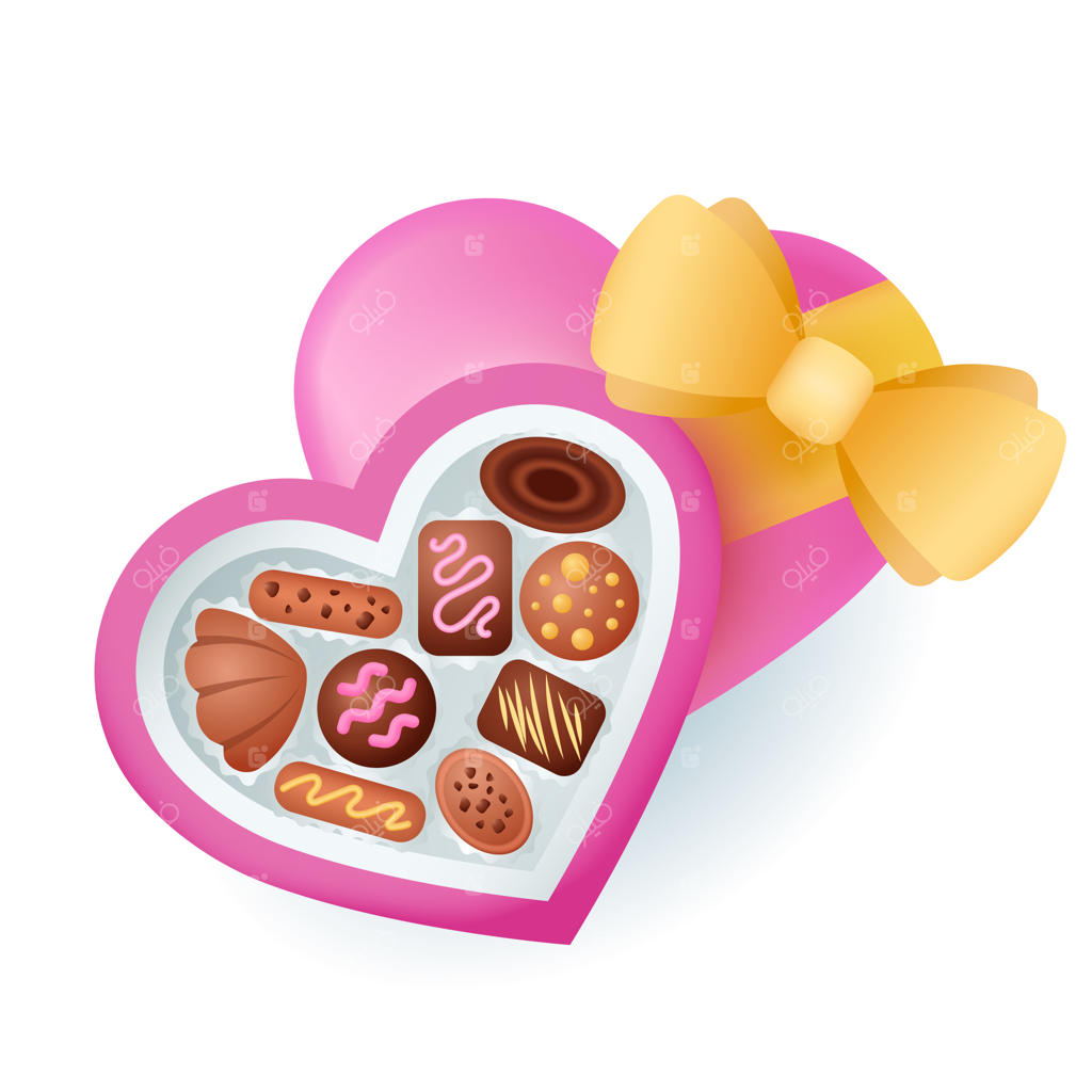 شکلات‌های شیرین در جعبه‌ای به شکل قلب - تصویر سه‌بعدی. طراحی کارتونی آب‌نبات‌ها در جعبه صورتی با روبان زرد به سبک سه‌بعدی روی زمینه سفید. مفهوم عشق، رمانتیک، دسرها، روز ولنتاین