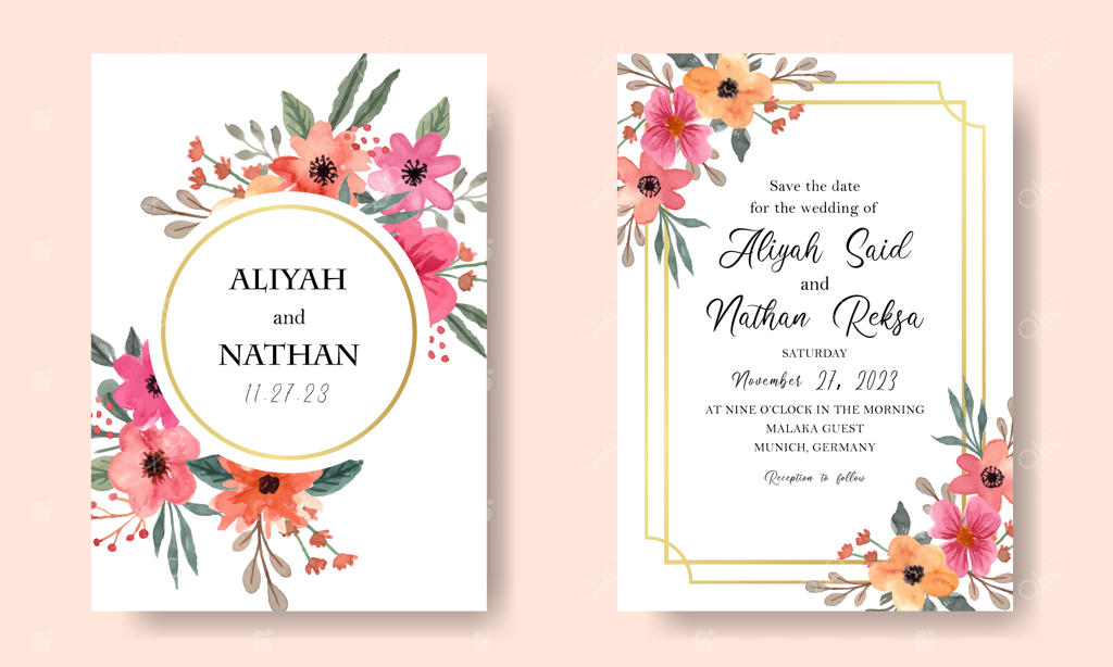 کارت دعوت عروسی با طراحی گل‌های آبرنگی و قاب طلایی