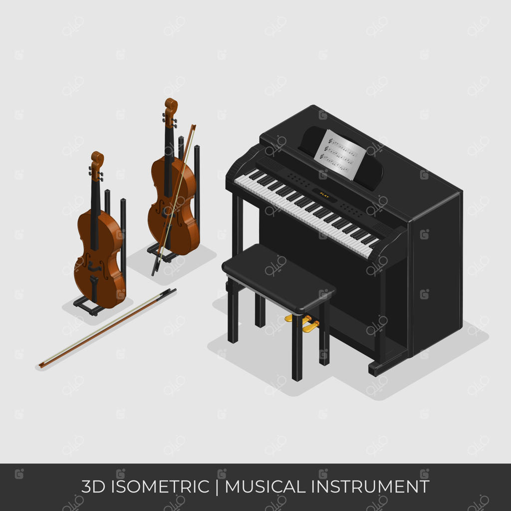 ست سه‌بعدی ایزومتریک سازهای موسیقی: پیانو و ویولن.
