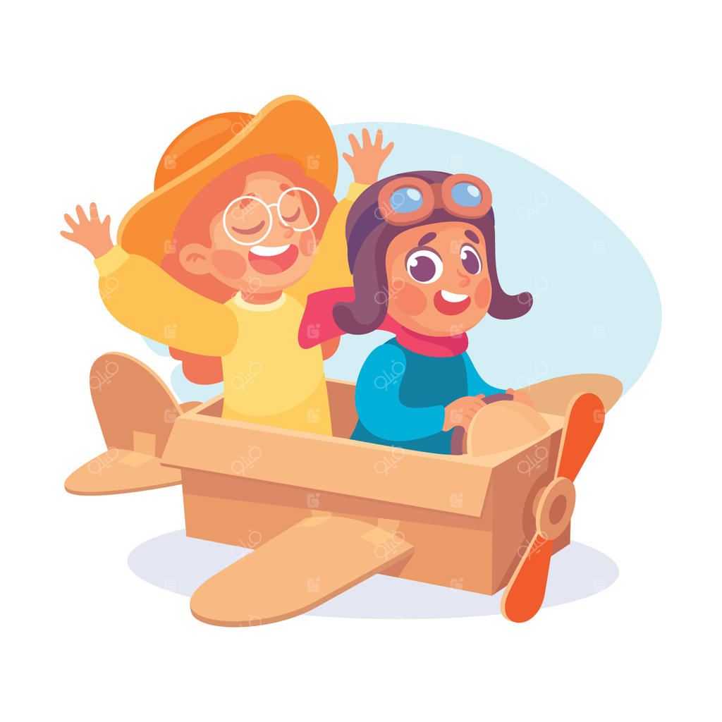 تصویر پسربچه و دختربچه در حال تقلید پرواز با هواپیمای دست‌ساز