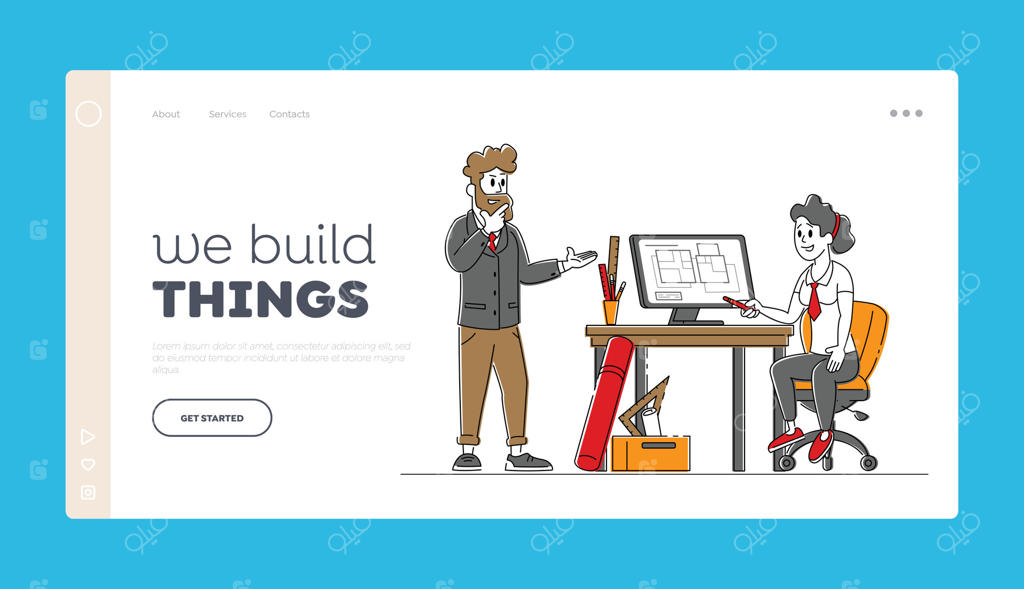 قالب صفحه فرود معماران در حال کار روی نقشه ساختمان در دفتر؛ تصویرسازی خطی طراحان در حال انجام پروژه خانه در استودیو طراحی، اتاق مهندسی و فضای کار هنری