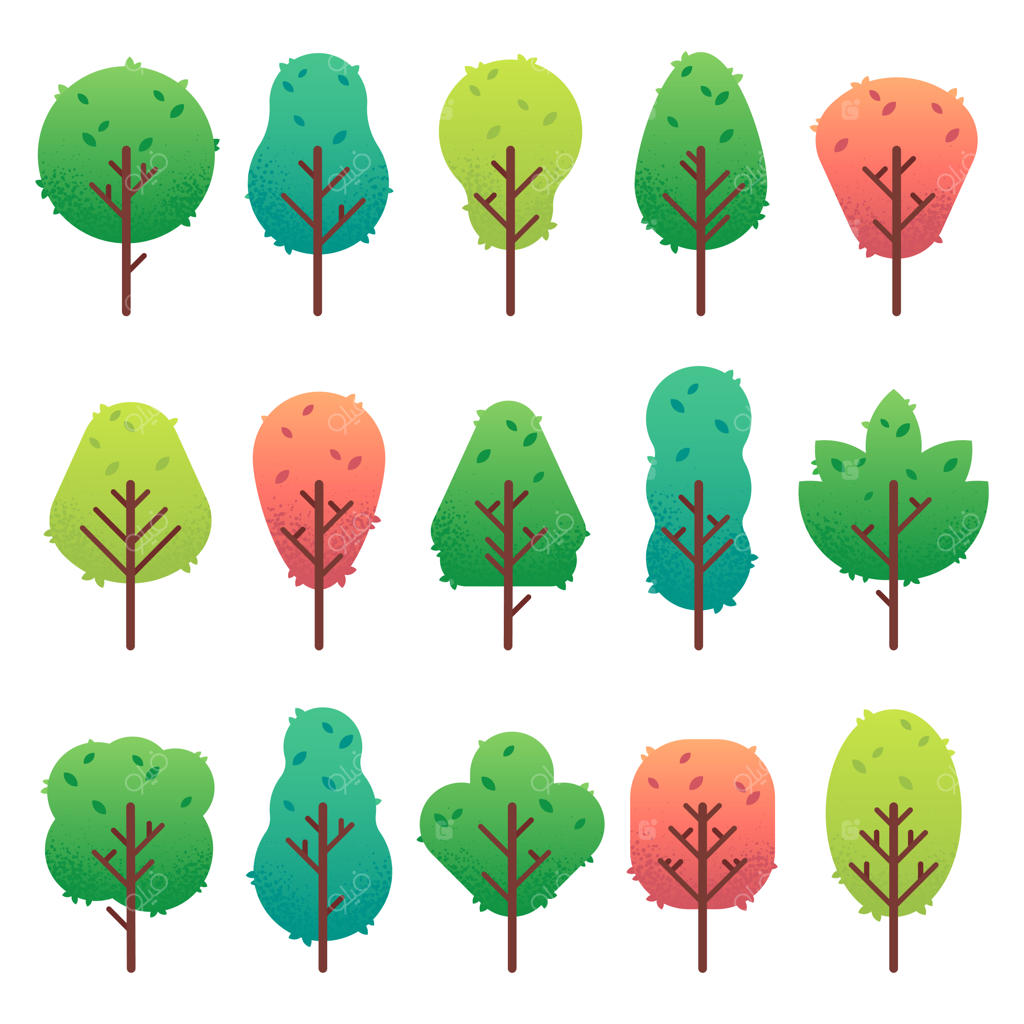 مجموعه‌ای از درختان مسطح: تنه درخت باغ، بوته و کاج. منظره طبیعی سبز و جداگانه