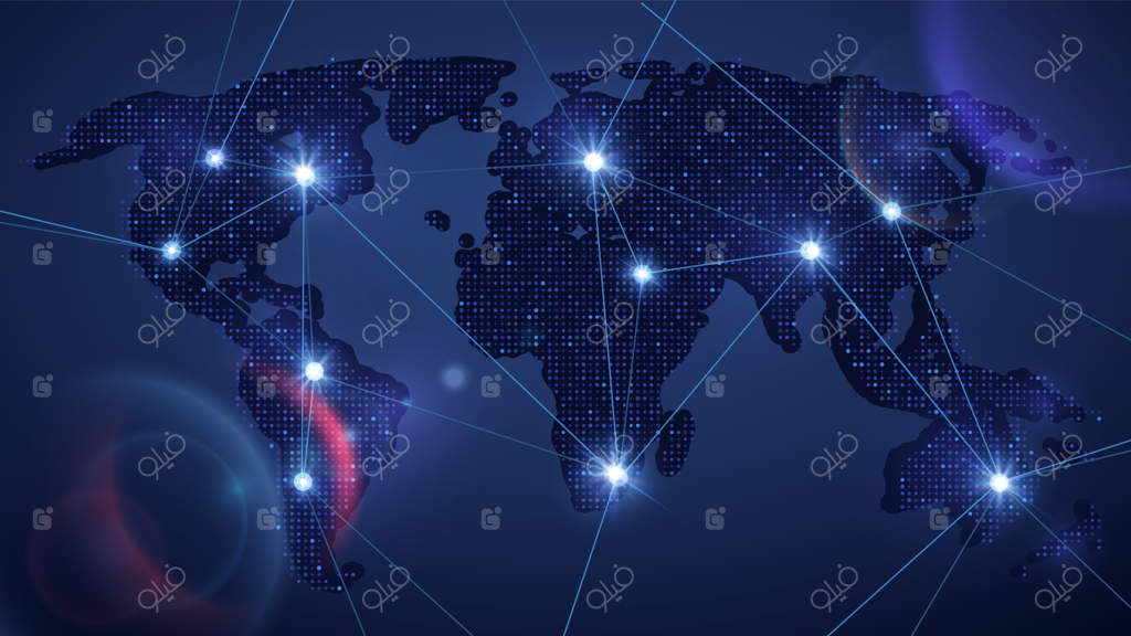 نقشه جهان با درخشش. شبکه چندفرهنگی، انتقال اطلاعات میان کشورها. کار بین‌المللی، پس‌زمینه انتزاعی با نورپردازی