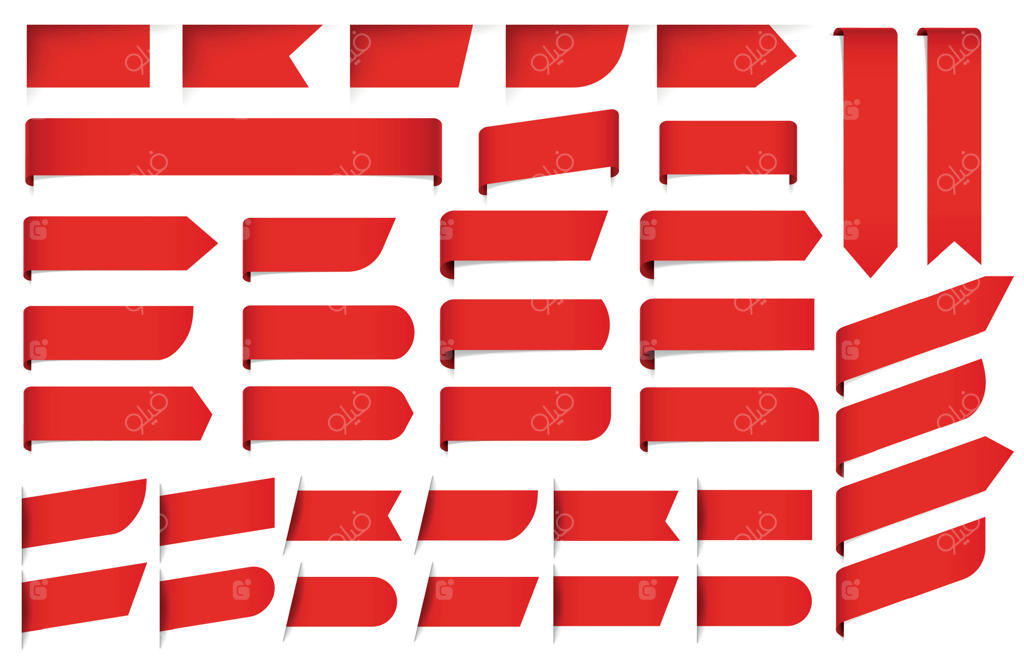 برچسب‌ها و اتیکت‌های قرمز روی زمینه سفید: روبان‌ها و بنرها در اشکال و فرم‌های متنوع برای متن.