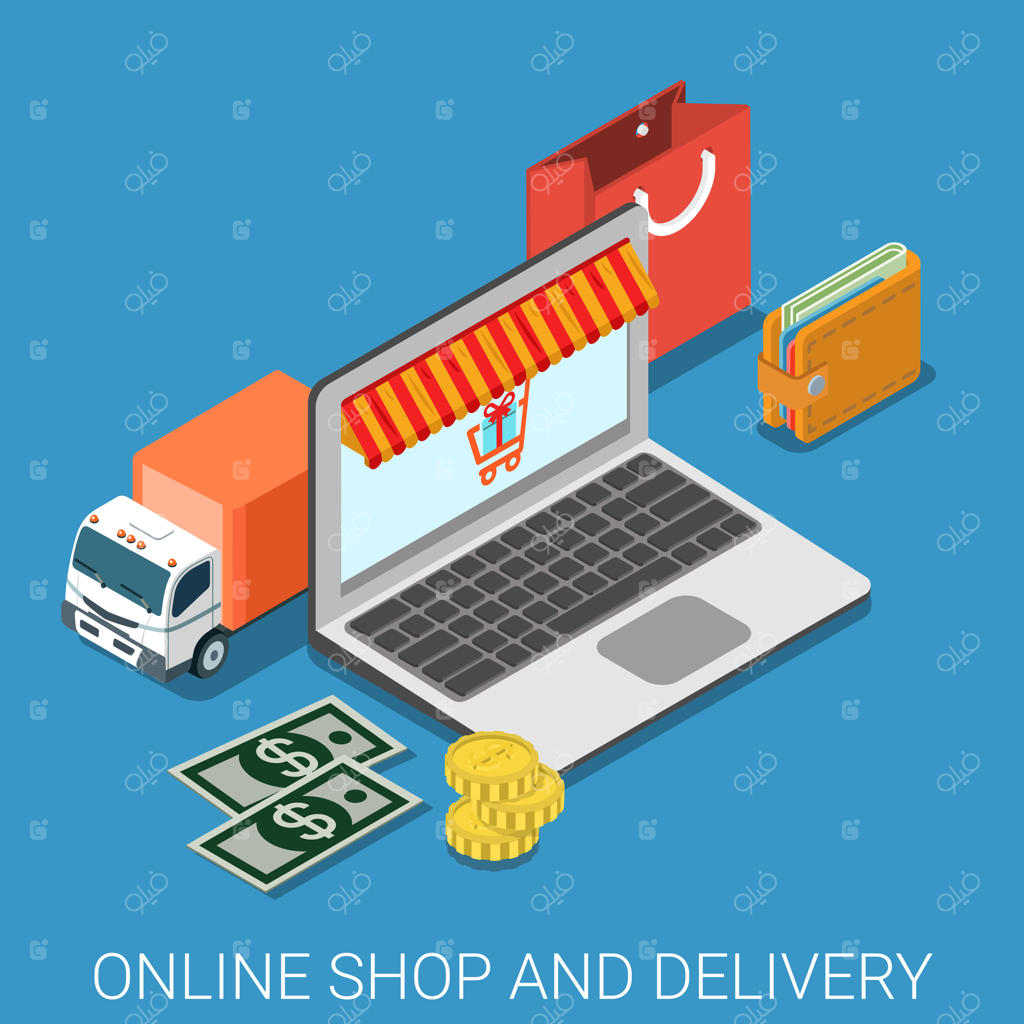 فروشگاه آنلاین و تحویل با نمای ایزومتریک تخت