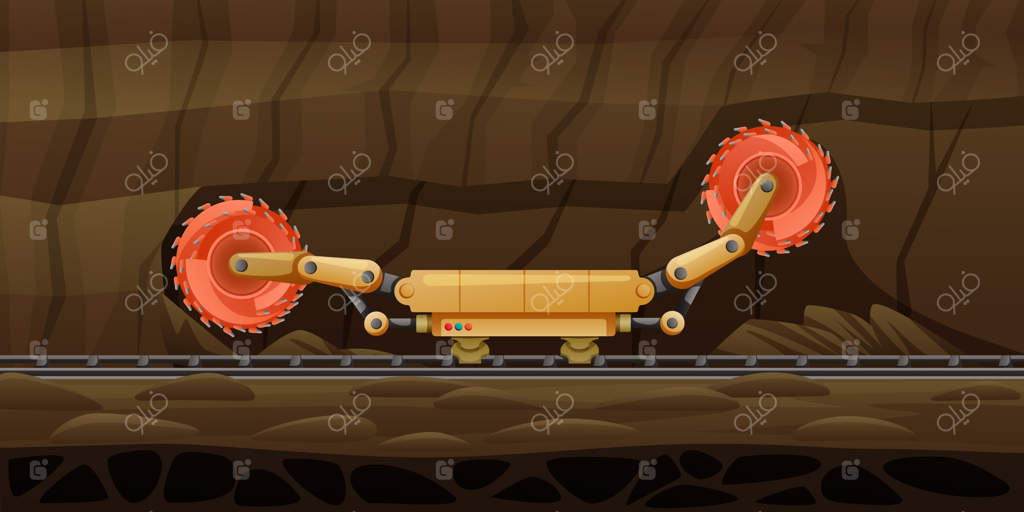 کارتون معدنچی با منظره‌ای زیرزمینی و دستگاه حفاری خودکار روی ریل‌ها و چرخ‌های گردان - تصویرسازی وکتور