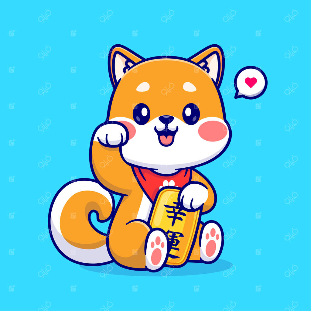 تصویر کارتونی بامزه شیبا اینو خوش‌شانس با سکه طلا - آیکون کسب‌وکار حیوانات