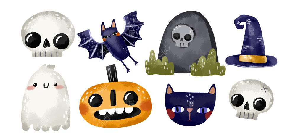 مجموعه طرح‌های ترسناک شامل سنگ قبر، روح، کدو تنبل و جمجمه