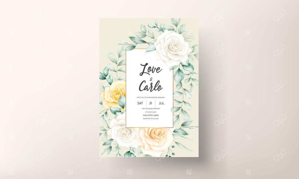 کارت دعوت عروسی با قاب گل‌های آبرنگی زیبا و طبیعت ملایم
