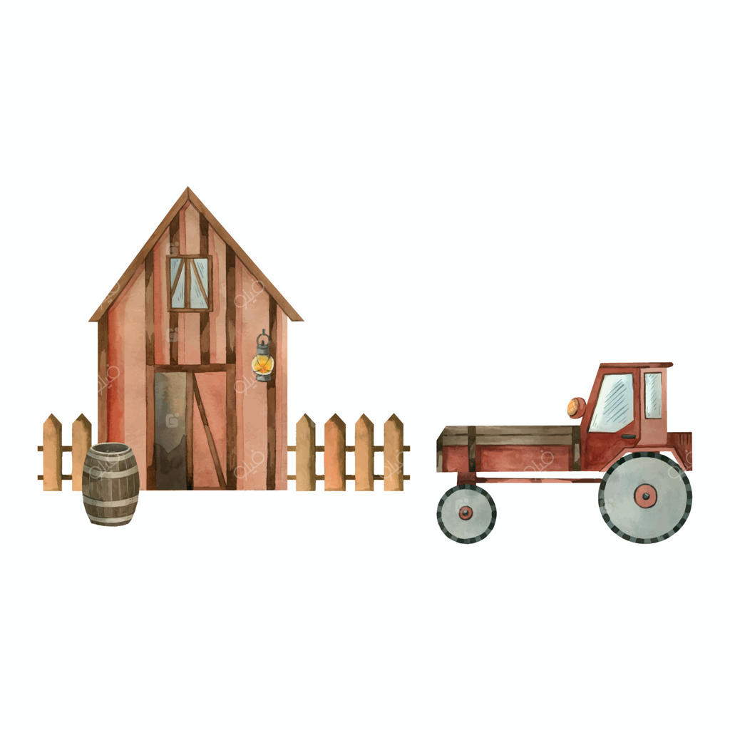 مزرعه، انبار ذخیره با حصار، تراکتور باغ و بشکه چوبی. تمام اشیا با آبرنگ به صورت دستی نقاشی شده‌اند. نقاشی آبرنگ. مناسب برای چاپ روی کاغذ، اسکرپ‌بوک و کتاب‌های کودکان.