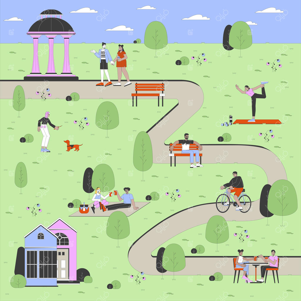 تصویر کارتونی از شهری قابل پیاده‌روی - مکانی طبیعی در شهر. بزرگسالان از نژادهای مختلف در پارک شهری در حال استراحت. تصویرسازی خطی و رنگارنگ با زمینه ای تابستانی از باغ عمومی. صحنه‌ای داستانی از زندگی در شهر