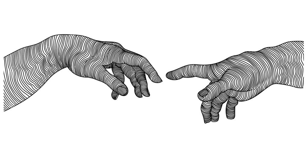 دو دست در حال رسیدن به یکدیگر - بخشی از فرسکوی میکل‌آنژ، آفرینش آدم