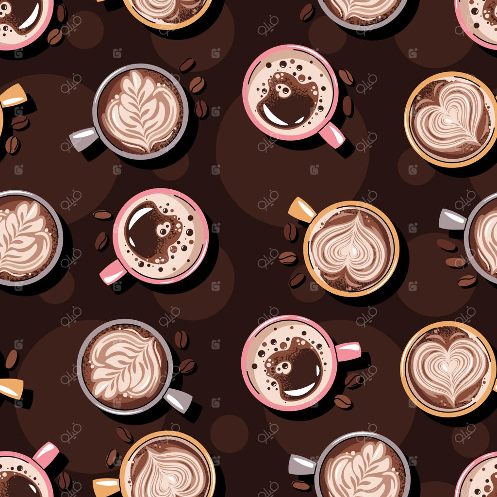 پترن یکپارچه با فنجان قهوه و دانه‌های قهوه: بافت تکرارشونده با نوشیدنی گرم قهوه