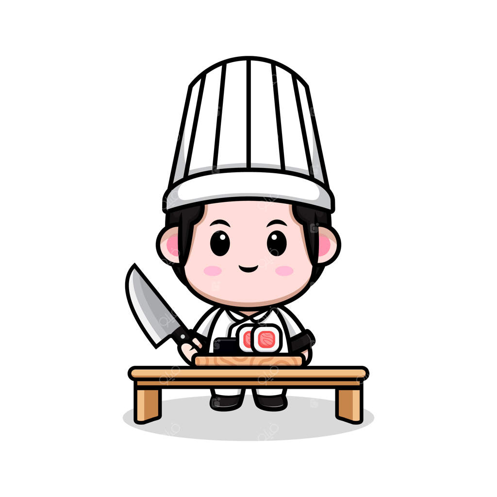 کارتون بامزه سرآشپز مرد در حال درست کردن سوشی