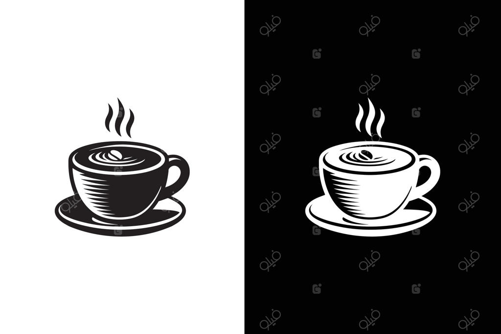 قهوه داغ یا نوشیدنی کافئین‌دار تخت . نماد فنجان قهوه جدا شده بر روی زمینه سفید و مشکی