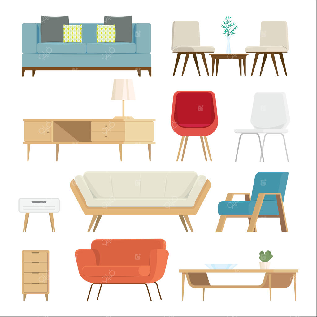 مجموعه‌ای از مبلمان و لوازم دکوراسیون داخلی و خانگی.