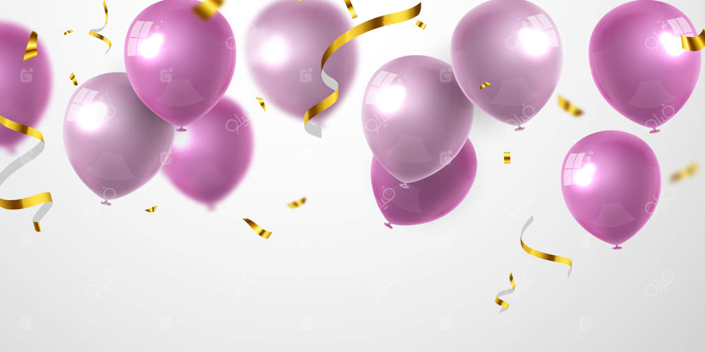 بنر جشن با پس‌زمینه بادکنک‌های صورتی. فروش ویژه. کارت افتتاحیه باشکوه و شیک.