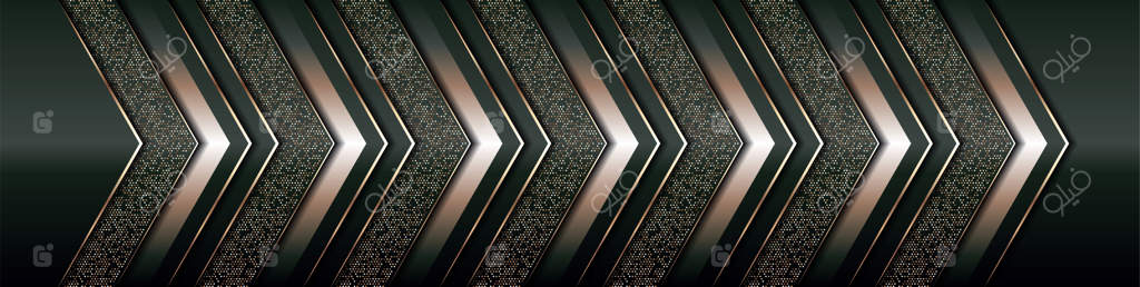 زمینه لوکس مدرن با لایه‌های همپوشان روی سبز تیره و فضای سیاه، با تزئینات خطوط طلایی و سبک انتزاعی