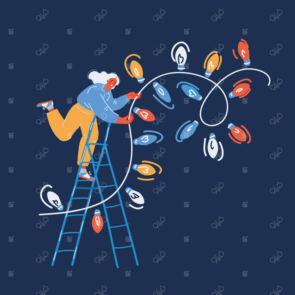 تصویرسازی وکتور از زنی که اتاق را با ریسه‌های لامپ تزئین می‌کند