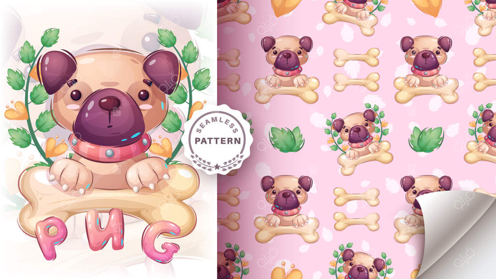 پترن یکپارچه شخصیت کارتونی سگ پاگ بامزه - وکتور EPS ۱۰