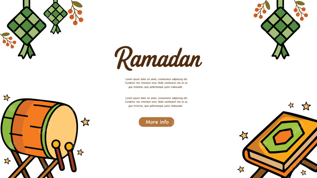 بنر رمضان با طبل، قرآن، کتوپات، فانوس و ستاره‌ها