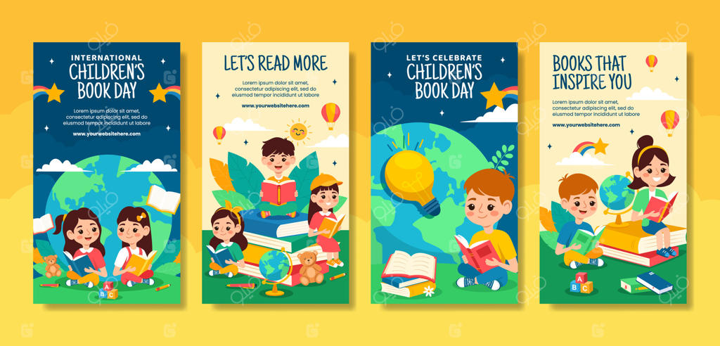 الگوهای زمینه داستان‌های رسانه‌های اجتماعی روز کتاب کودک - طراحی دستی کارتونی جذاب