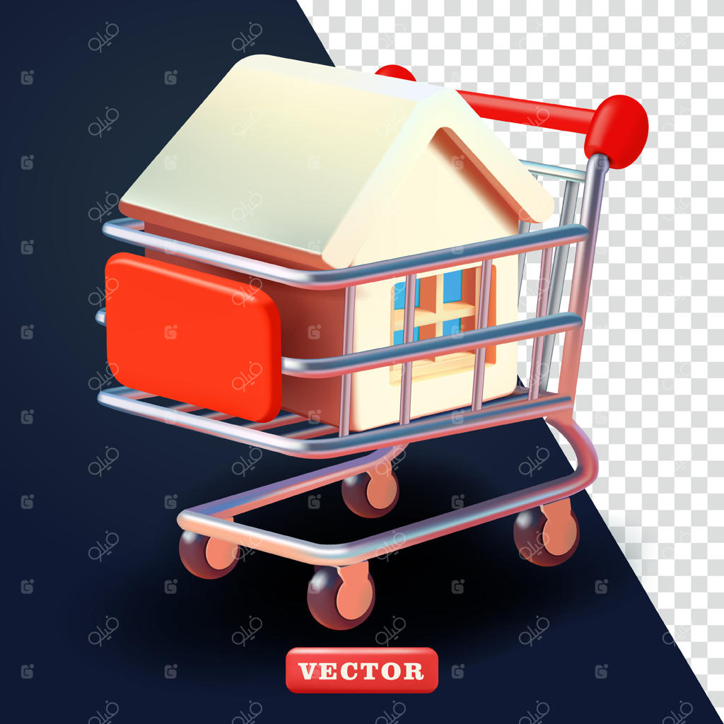 چرخ خرید حاوی ماکت خانه، سه‌بعدی: مناسب برای تجارت، املاک و طراحی